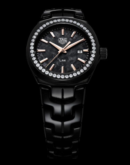 The black ceramic fake watch is decorated with diamonds.