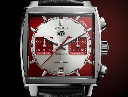 The red sub dias are contrasted to the silver dial.
